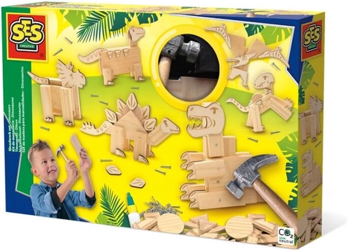 SES set din lemn de bătut cuie – dinozauri