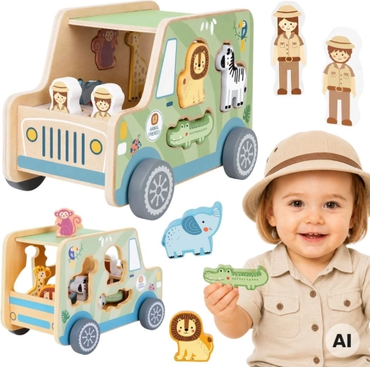 Mașină safari din lemn cu animale de introdus Tooky Toy