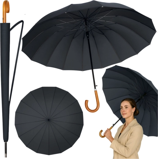 Umbrelă mare automată cu mâner din lemn, 24 spițe, 115 cm, neagră