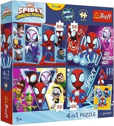 Trefl Spidey și prietenii săi uimitori – set de puzzle 4×88 piese cu poster