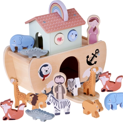 Arca din lemn a lui Noe cu figurine de animale