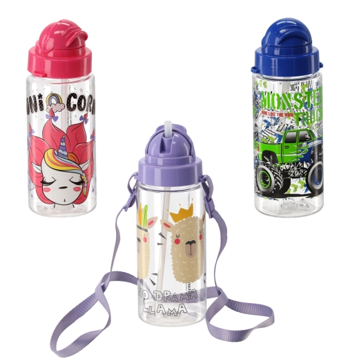Sticlă de apă din plastic pentru copii cu pai, 500 ml
