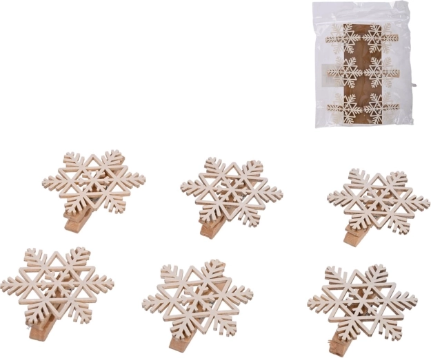 Clemuțe decorative din lemn cu fulg de zăpadă, albe, 6 buc