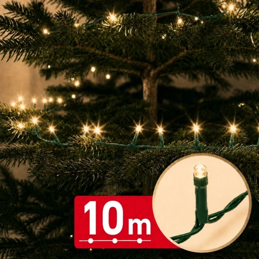 Ghirlandă luminoasă LED de 10 m cu 200 de LED-uri, alb cald, cablu verde