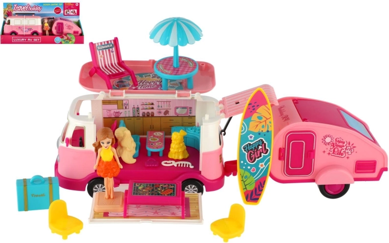 Mașină retro de camping cu remorcă, păpușă și accesorii