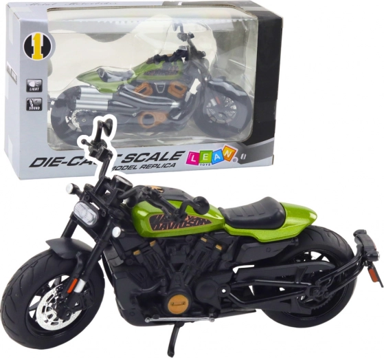 Model metalic chopper 1:12 cu lumini și sunete – negru cu elemente verzi