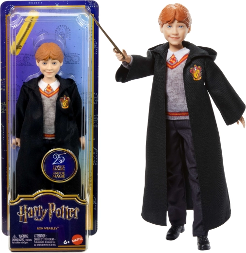 Păpușa Ron Weasley în costum de vrăjitor cu baghetă
