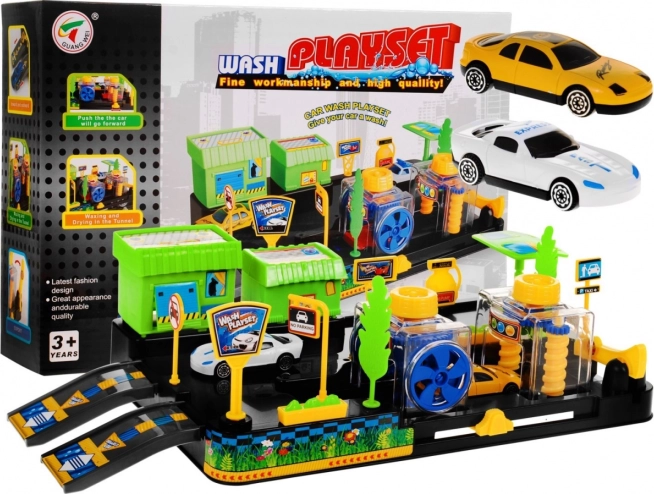 Spălătorie auto pentru copii 3+ cu set de construcție, 2 mașinuțe și elemente mobile