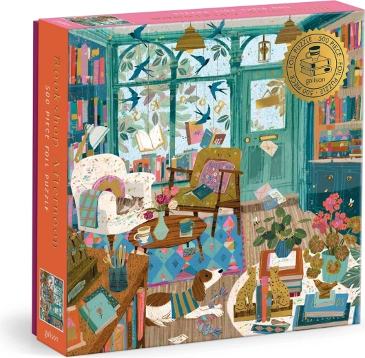 Puzzle cu detalii metalizate Galison După-amiază în librărie, 500 de piese