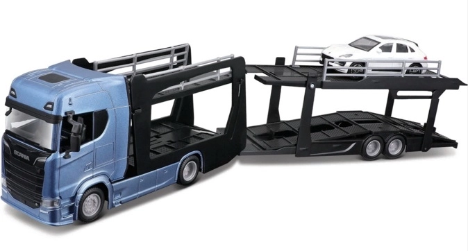 Bburago Street Fire camion Scania 770S cu semiremorcă și Porsche Macan 1:43
