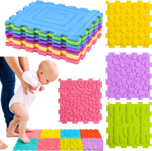 Puzzle senzorial din silicon – saltea de masaj și senzorială, 12 piese (25 × 25 cm)
