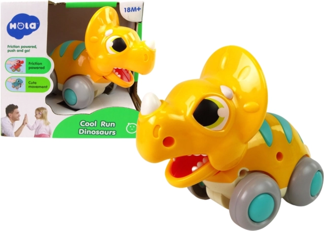 Dinozaur galben pe roți triceratops – jucărie din plastic pentru copii