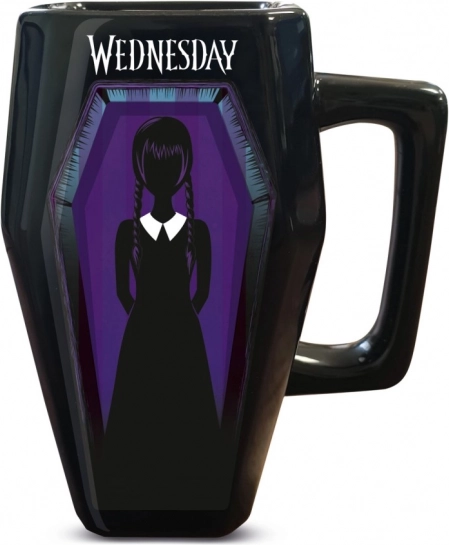 Cană 3D în formă de sicriu cu motiv Wednesday