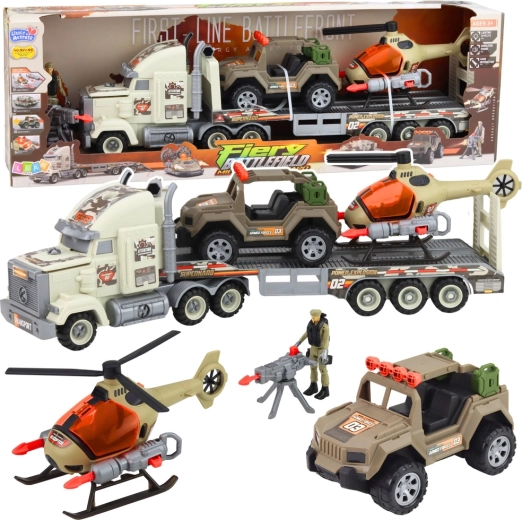 Set militar de transport cu cap tractor, elicopter și mașină off-road cu lumini și sunete
