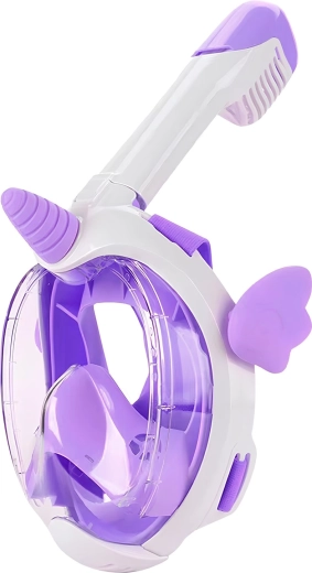 Mască facială integrală pentru copii, pentru snorkeling, cu motiv de unicorn, mov