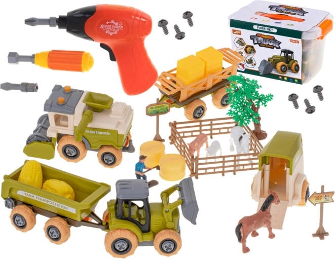 Ferma pentru copii – tractor, combină și animale demontabile cu bormașină cu acumulator