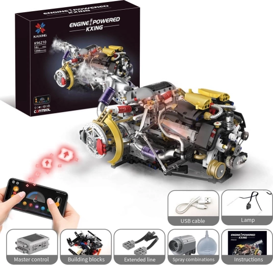 Set de construcție motor cu USB, lumină LED și efect de fum (1394 piese)