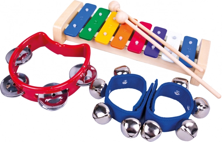 BINO set de 3 instrumente muzicale pentru copii (xilofon, tamburină, clopoței)