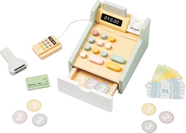 Casă de marcat din lemn pentru copii Tooky Toy cu terminal și scanner