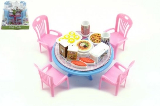 Mobilier pentru păpuși – masă și scaune cu accesorii, plastic, 12 cm