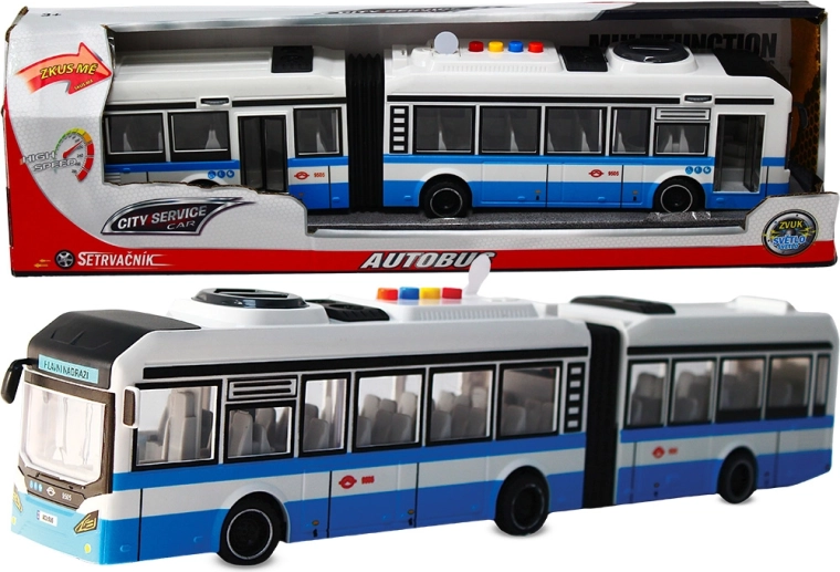 Autobuz articulat 1:16 albastru cu sunete, pe volantă