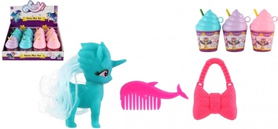 Unicorn pieptăn plastic cu accesorii în pahar înghețată 2 culori 8x12cm