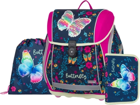 Set școlar premium light fluture – rucsac, săculeț și penar