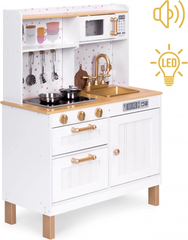 Bucătărie de lemn pentru copii cu sunete și lumini LED, mare, cu dulapuri care se deschid și 7 accesorii, ECOTOYS