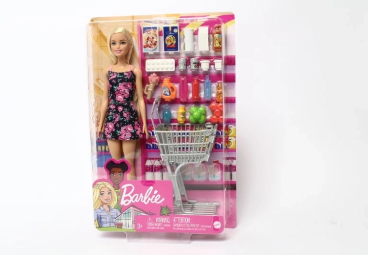 Păpușa Barbie la cumpărături cu cărucior și accesorii