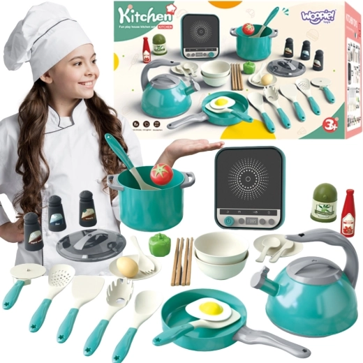 Set de bucătărie Woopie pentru mici bucătari, cu plită cu inducție, vase și ibric - 30 de piese