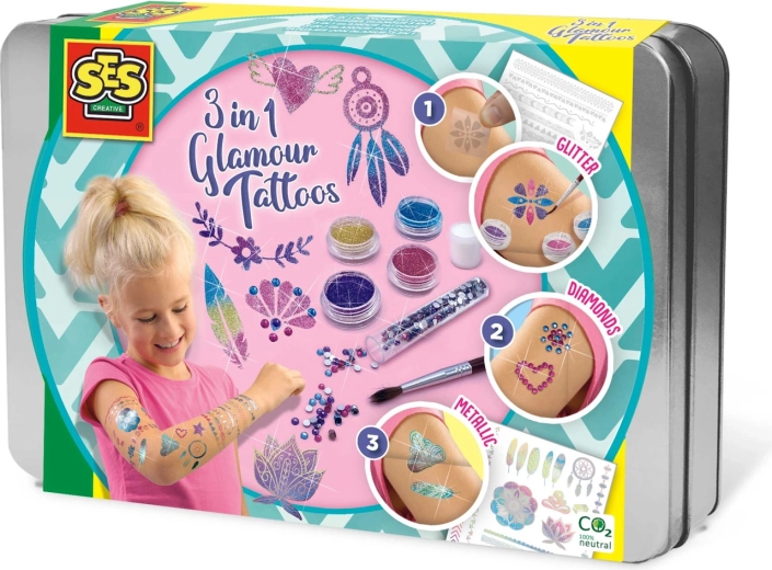 Set de tatuaje 3 în 1 cu sclipici SES Creative