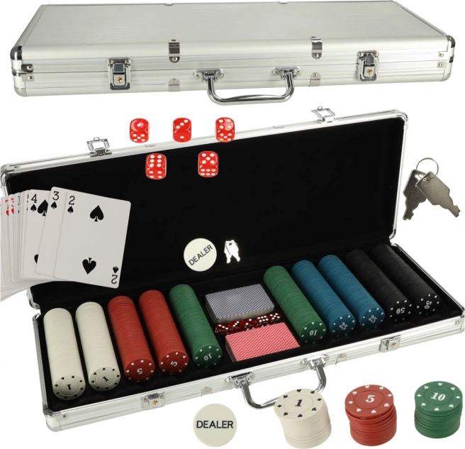 Set de poker într-o servietă argintie cu 500 de jetoane și 2 seturi de cărți