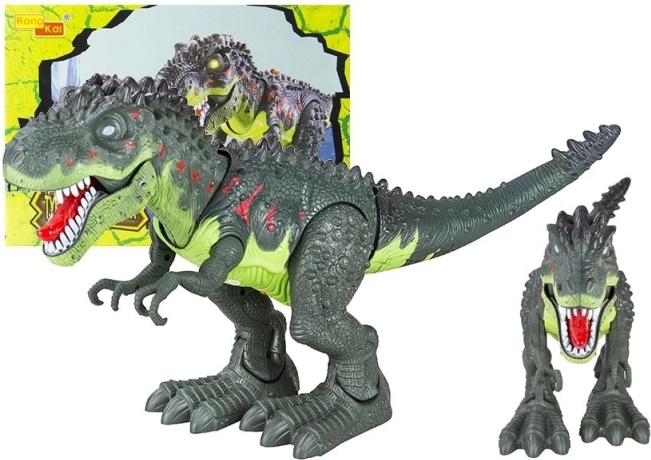 Dinozaur mergător T-Rex pe baterii cu lumini și sunete – verde