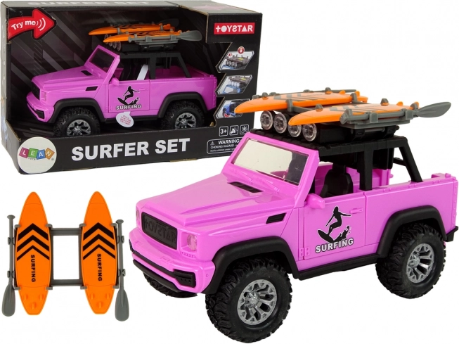 mașină de teren roz 1:14 cu set de surf și mecanism cu inerție