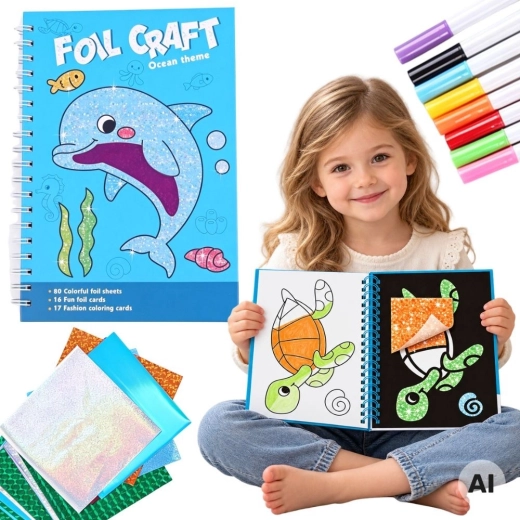 Set creativ Woopie cu folii și planșe de colorat Delfin 121 de piese