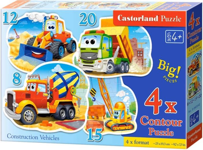 Puzzle 4 în 1, 8, 12, 15, 20 de piese – Vehicule de construcții