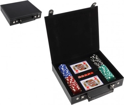 Set de poker în servietă – 100 jetoane, 2 pachete de cărți și zaruri