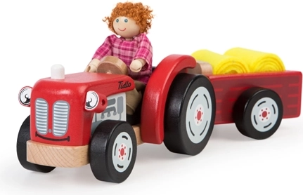 Tidlo Tractor retro din lemn cu remorcă