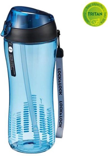 Sticlă sport cu capac cu blocare 550 ml cu pai din silicon – albastru