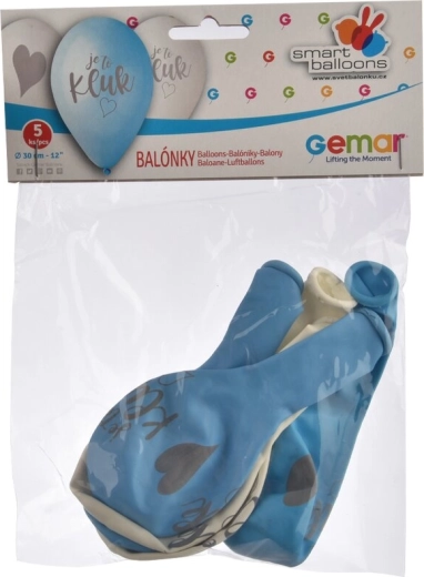 Baloane din latex „E băiat” albastru-alb 30 cm (5 buc.)