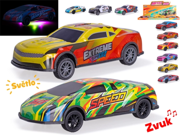 Mașinuță de curse metalică 12,5 cm cu lumini și sunete, mers înapoi