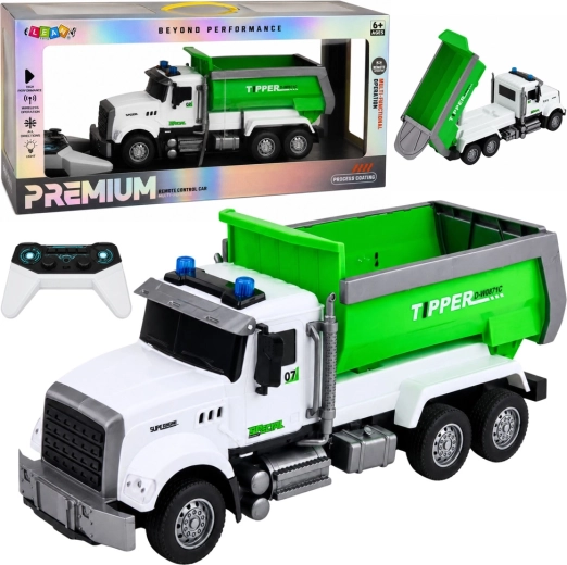 Basculantă RC verde cu telecomandă 1:14, cu benă mobilă și lumini - 1 buc