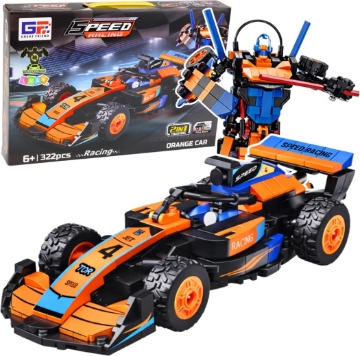 Set de construcție 2 în 1 mașină de curse portocalie și robot, 322 piese