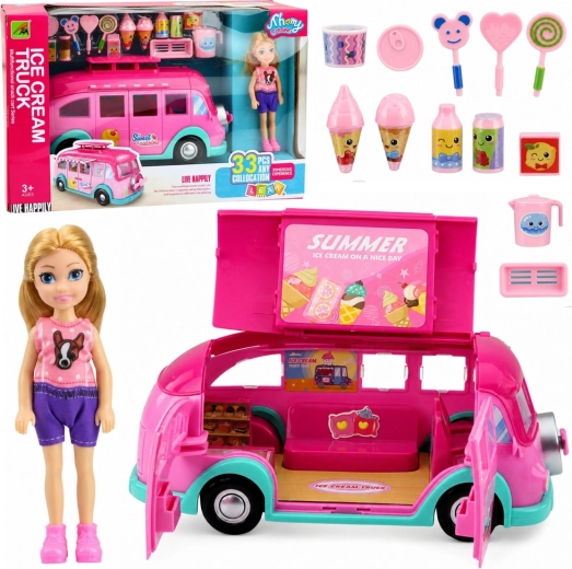 Food truck roz pentru înghețată, cu păpușă și accesorii, 33 de piese