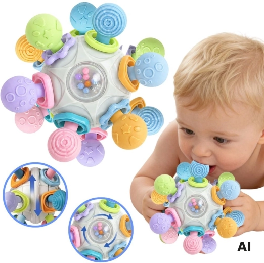 Woopie Baby mingea senzorială 3 în 1 cu inel de dentiție și zornăitoare 6m+ - 1 bucată