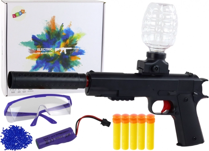Pistol electric pentru bile gel cu apă și săgeți din spumă, cu ochelari de protecție, negru