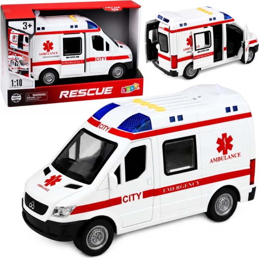 Ambulanță pentru copii 1:10 cu lumini, sunete și targă