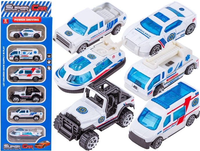 Set mașinuțe metalice de salvare 6 buc. 1:64 – ambulanță și vehicule de însoțire