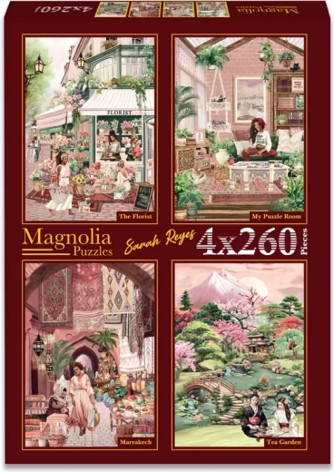 Puzzle Magnolia: Florărie, Camera mea, Marrákeș și Grădina de ceai 4×260 piese