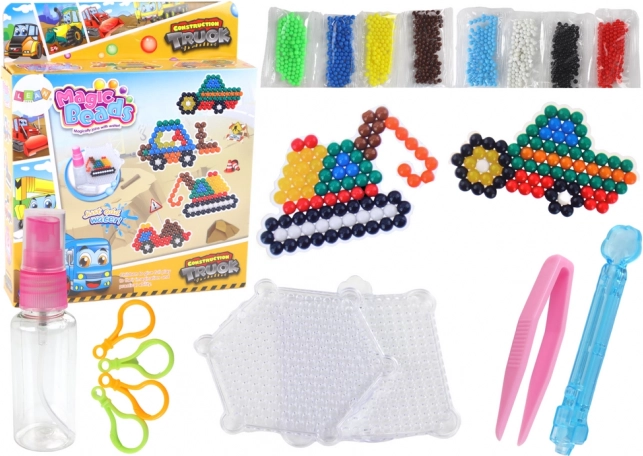 Set DIY cu mărgele acuarelabile – mărgele magice, 8 culori, vehicule de construcții